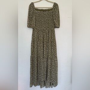 Ann Taylor Olive Floral Peasant Sleeve Full Length Dress